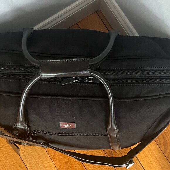 MINT Gucci Mens Black Nylon Leather Travel Duffle Bag - Picture 5 of 12